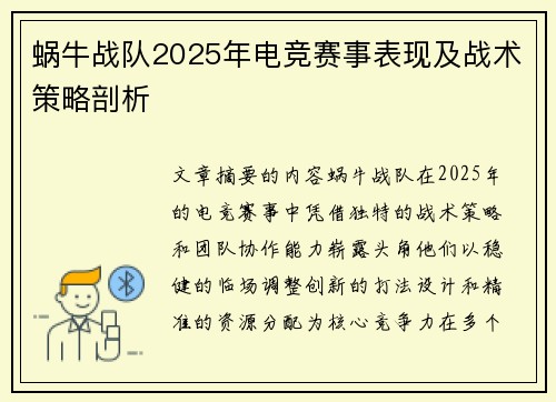 蜗牛战队2025年电竞赛事表现及战术策略剖析