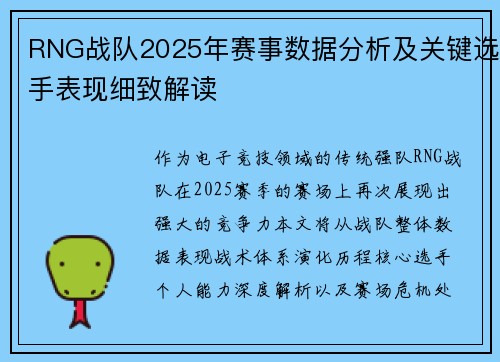 RNG战队2025年赛事数据分析及关键选手表现细致解读