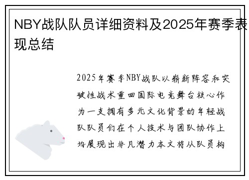 NBY战队队员详细资料及2025年赛季表现总结