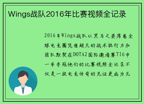 Wings战队2016年比赛视频全记录
